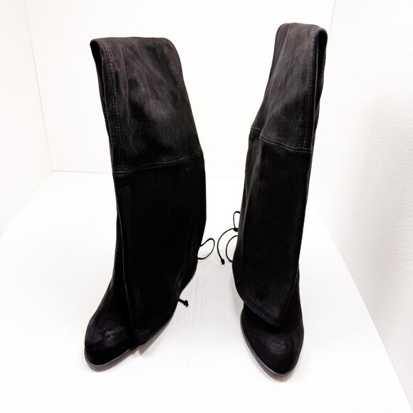 Stuart Weitzman Highland Black Suede Over Knee Boots 9B US 39.5 Tie Back Heel - Picture 5 of 13